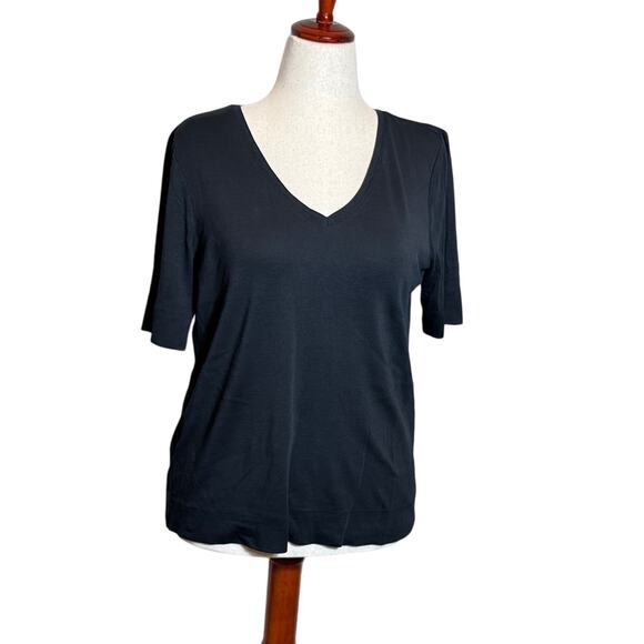 Chico's t-shirt top black pima knit v-neck with sleeve cuff stitching Sz 2 US L - Picture 1 of 7